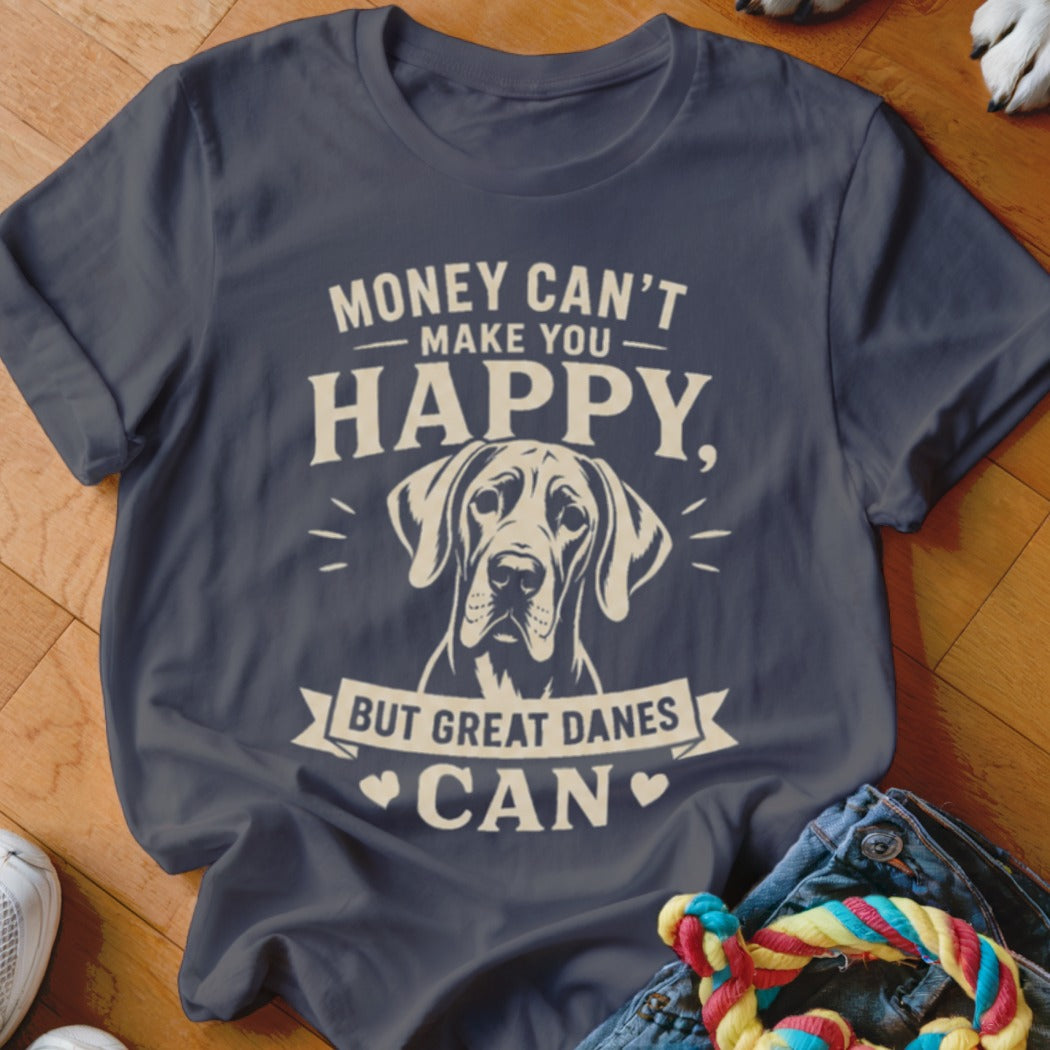 Dark blue t-shirt with a Great Dane and text: Money can't make you happy, but Great Danes can.