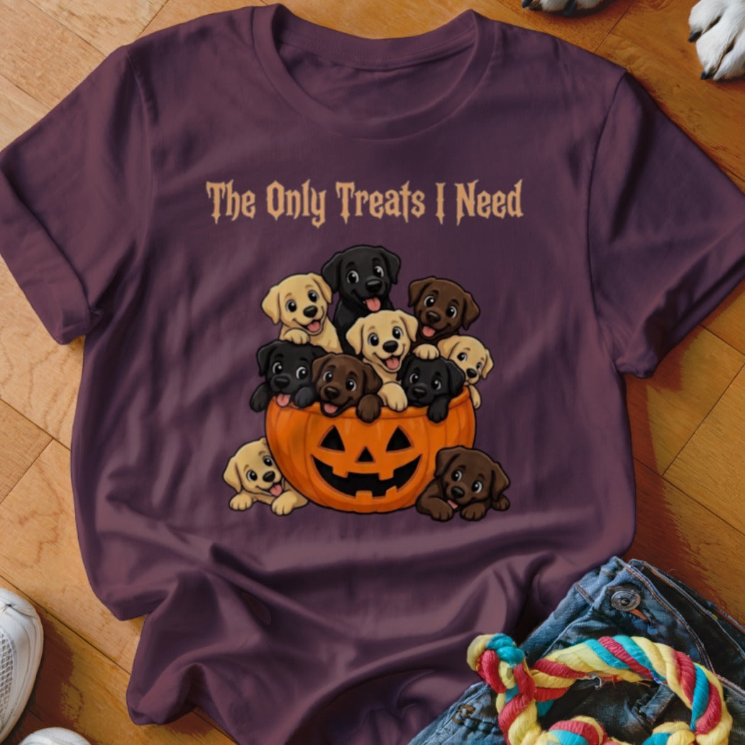 T-shirt with illustration of puppies spilling out of a jack-o'-lantern and text "The Only Treats I Need".