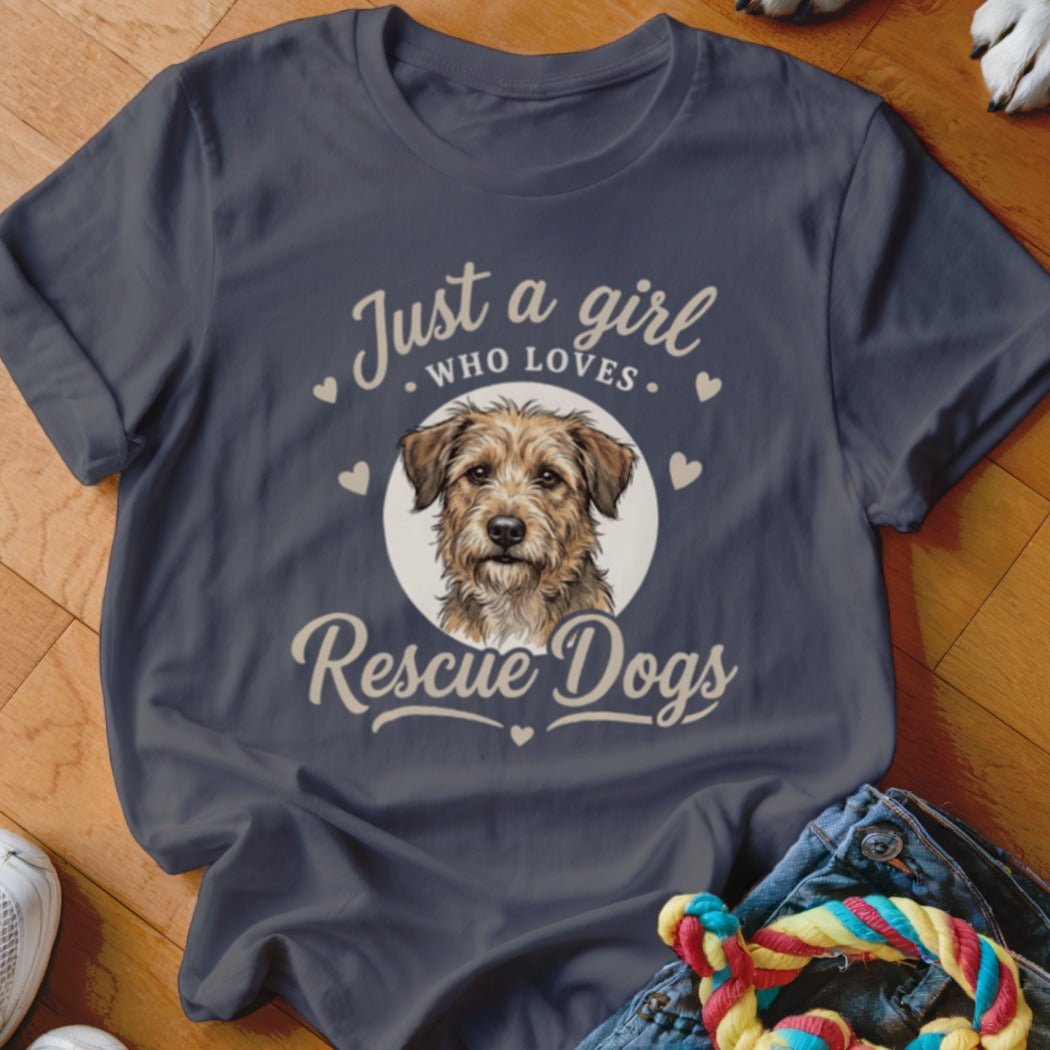 Dark gray t-shirt with a terrier graphic and text reading Just a girl who loves rescue dogs.
