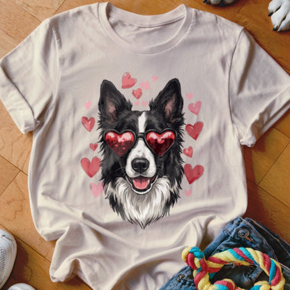 Beige t-shirt featuring a graphic of a black and white dog wearing heart-shaped sunglasses, surrounded by pink hearts.