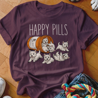 West Highland White Terriers spill from a pill bottle with the text "Happy Pills".