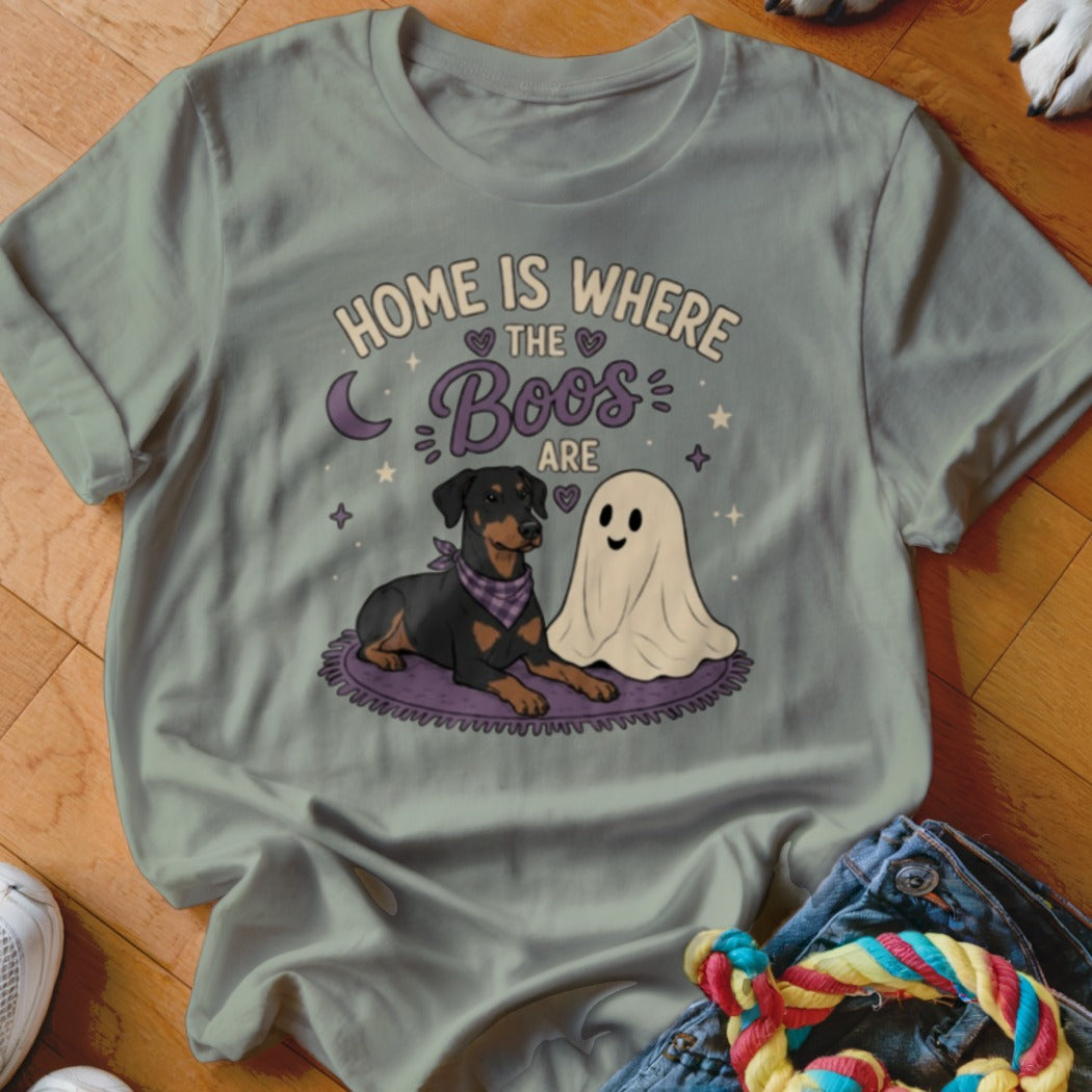T-shirt graphic of a dog and a ghost with text "Home is where the boos are".