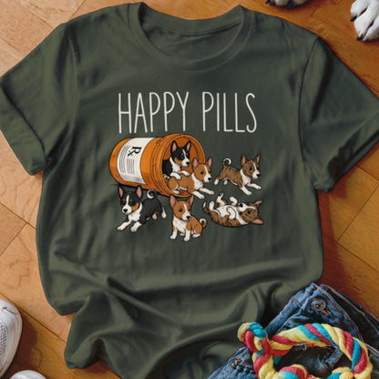 Happy Pills text above a prescription bottle spilling out puppies.