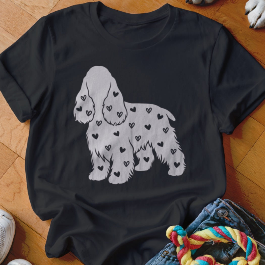 Black t-shirt with a white spaniel dog silhouette covered in small black hearts.