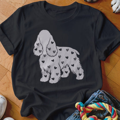 Black t-shirt with a white spaniel dog silhouette covered in small black hearts.