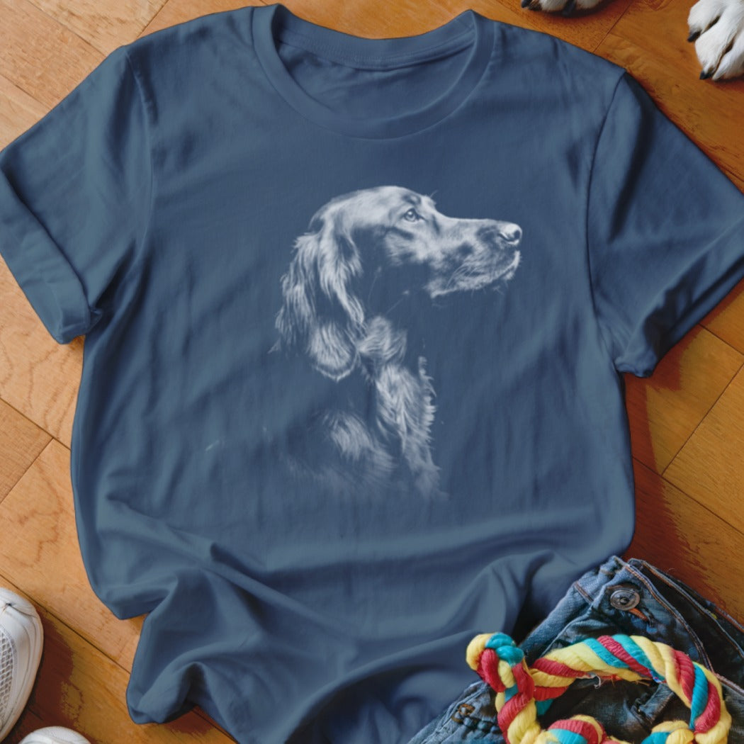Dark blue t-shirt with a white line drawing of a Golden Retriever's head.