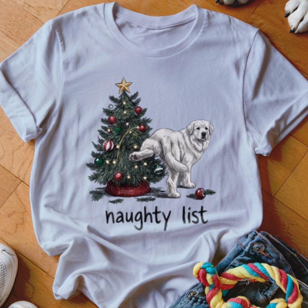 A white t-shirt featuring a graphic of a dog lifting its leg against a Christmas tree, with the text "naughty list" below.