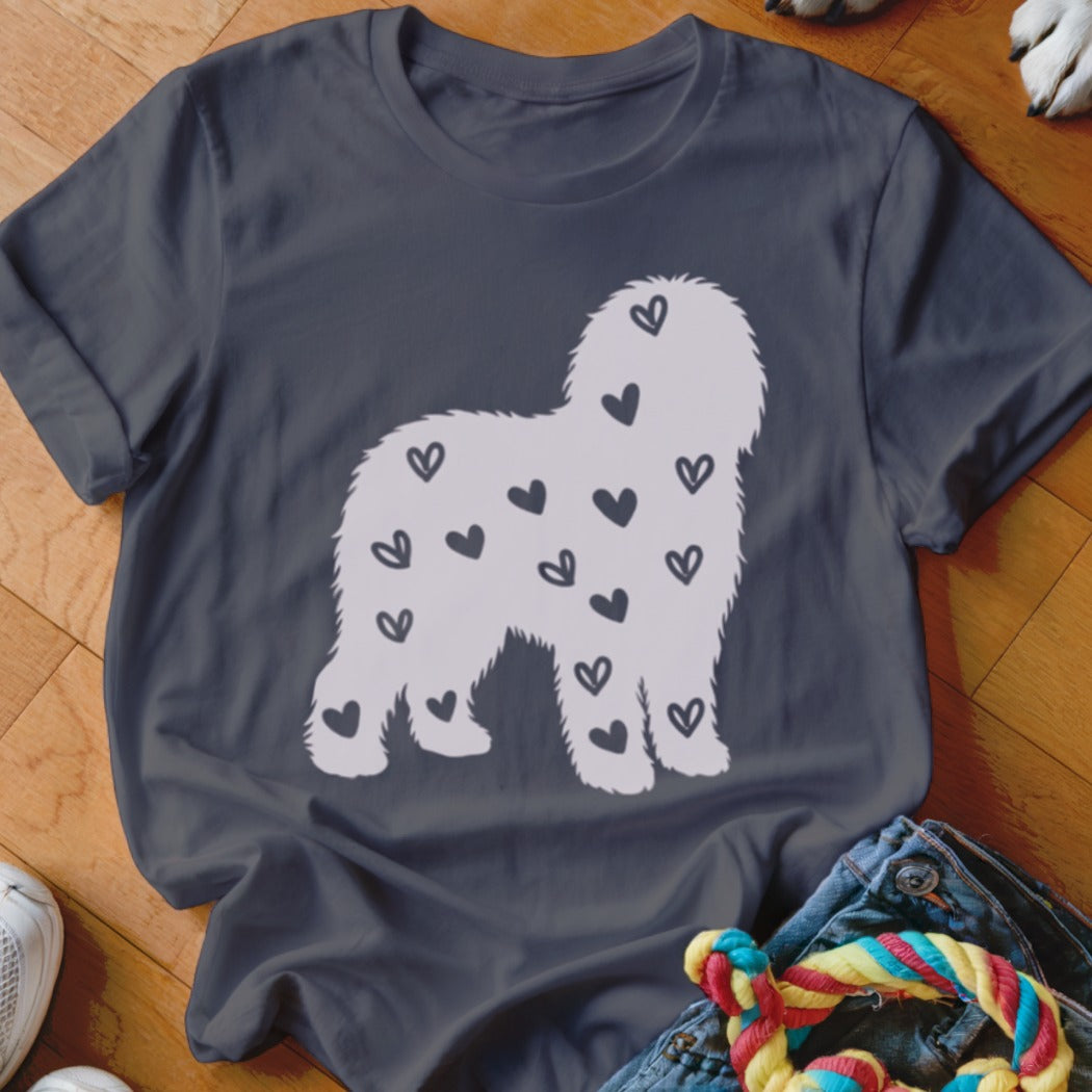 Dark grey t-shirt with a white fluffy dog silhouette filled with black hearts.
