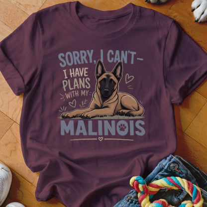 Malinois dog with "Sorry I Can't I Have Plans With My" text on maroon shirt.