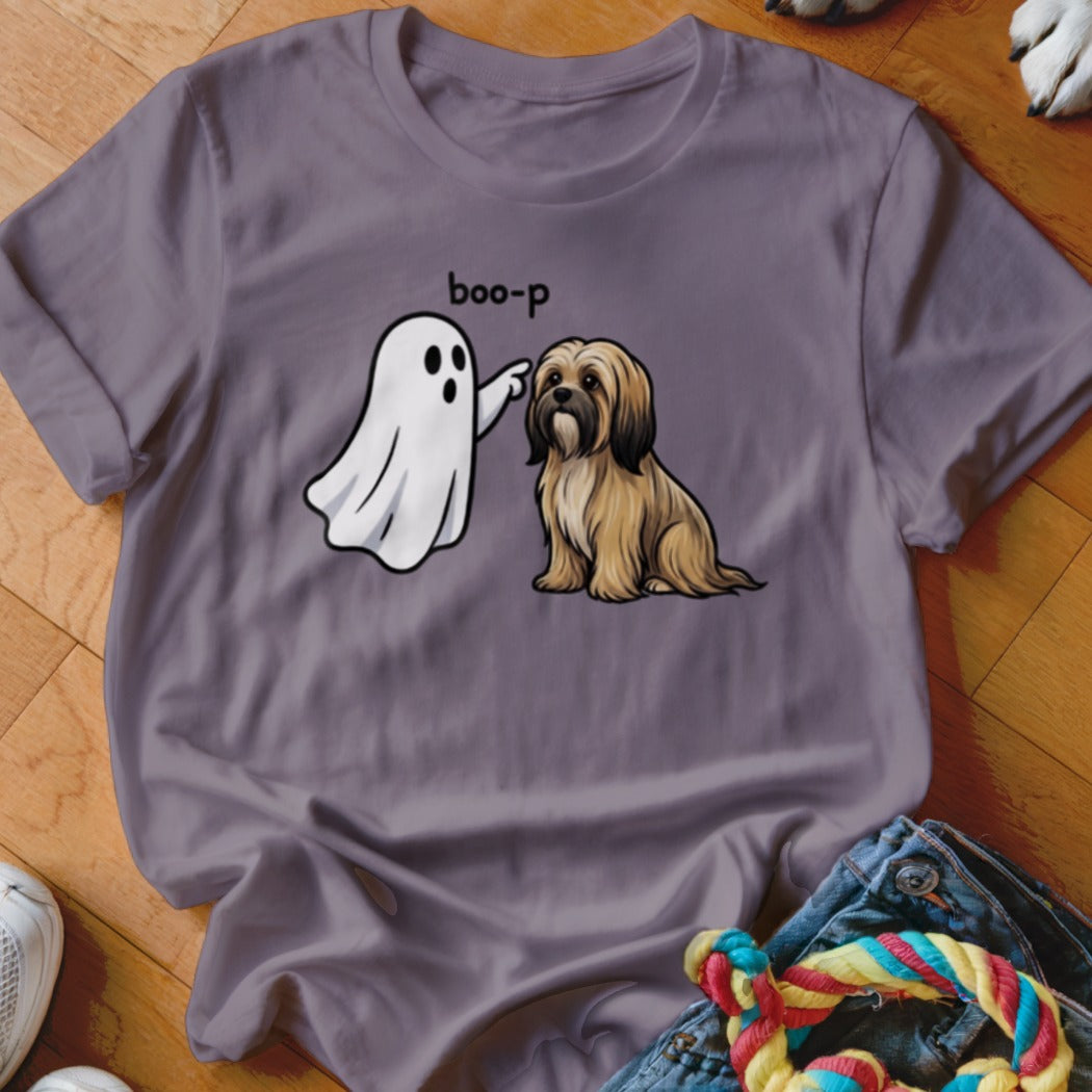 Ghost booping a shaggy dog with text "boo-p".