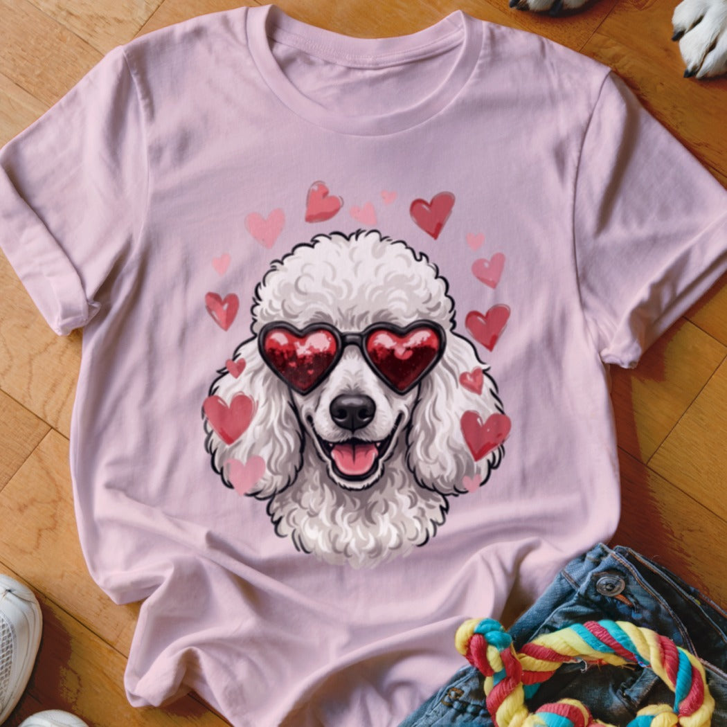 Light pink short-sleeve t-shirt featuring a graphic of a white poodle wearing heart-shaped sunglasses surrounded by pink hearts.
