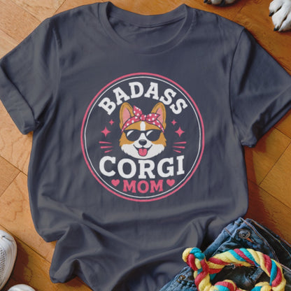 Dark grey t-shirt with "Badass Corgi Mom" graphic featuring a cool corgi.