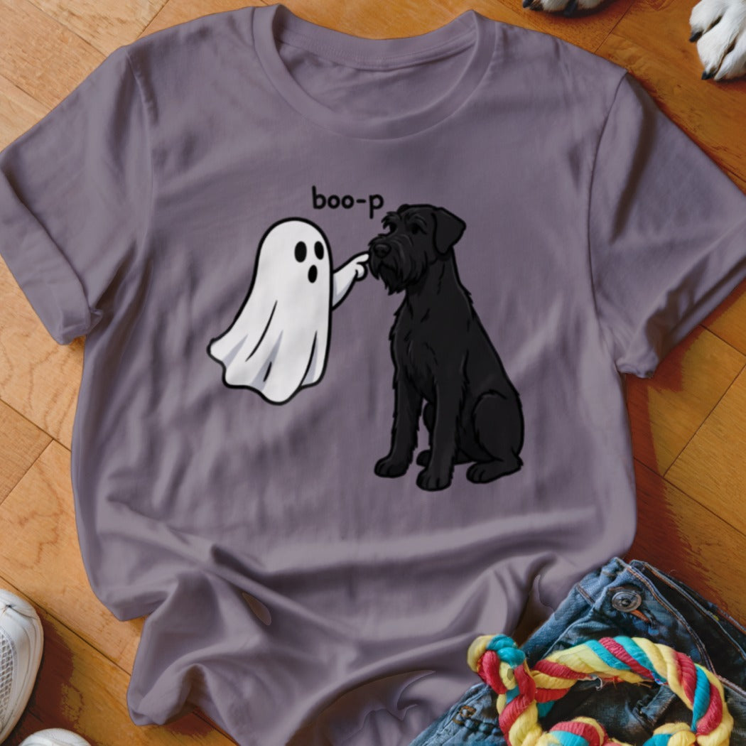 Ghost booping a black Schnauzer with "boo-p" text on a purple t-shirt.