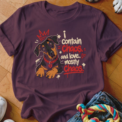T-shirt graphic with a dog and text that reads "I contain Chaos and love. Mostly Chaos."