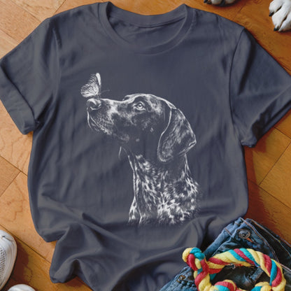 Charcoal gray t-shirt featuring a white sketch graphic of a German Shorthaired Pointer dog looking at a butterfly.