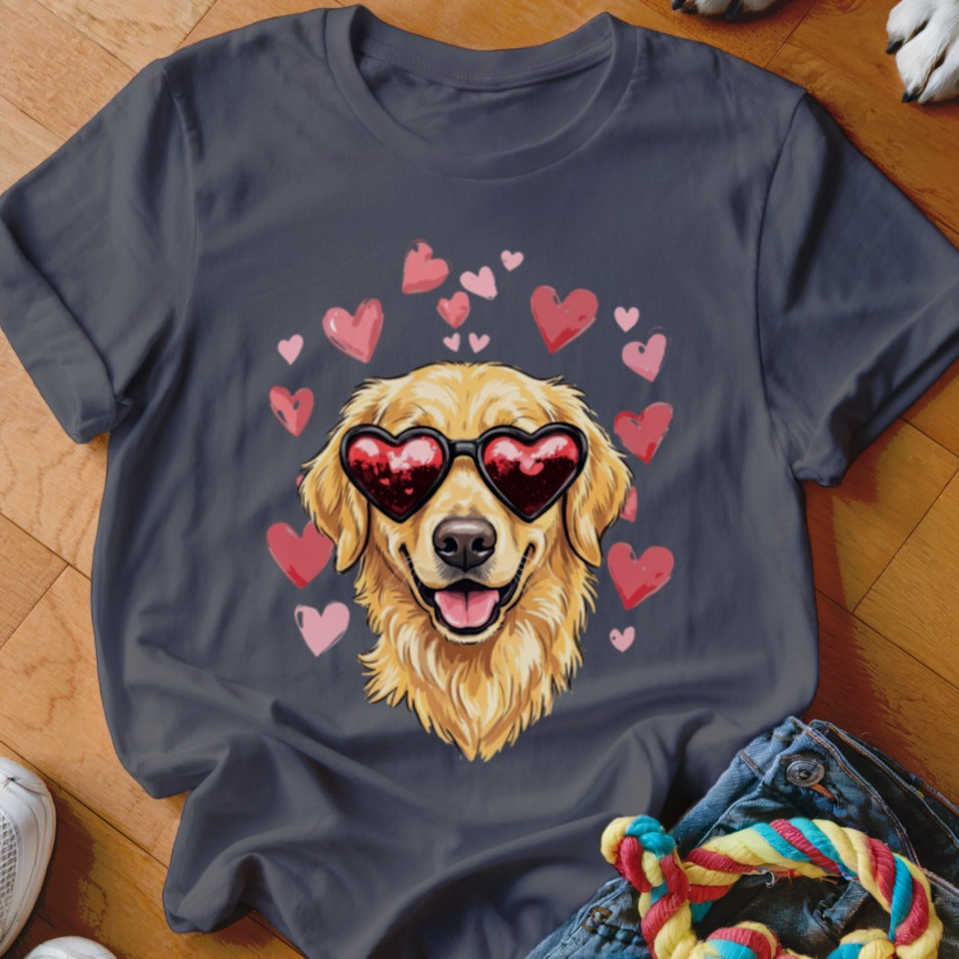 A dark gray t-shirt featuring a Golden Retriever wearing heart-shaped sunglasses surrounded by pink hearts.