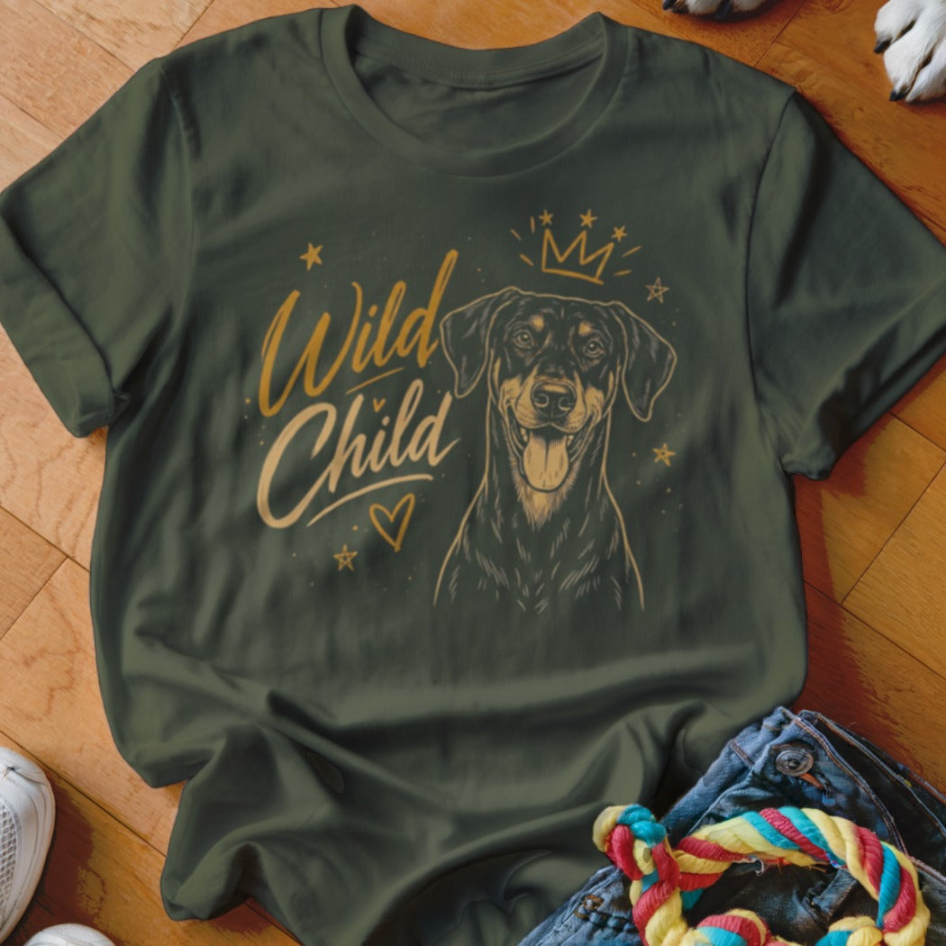 Dark green t-shirt with a dog illustration and text "Wild Child".