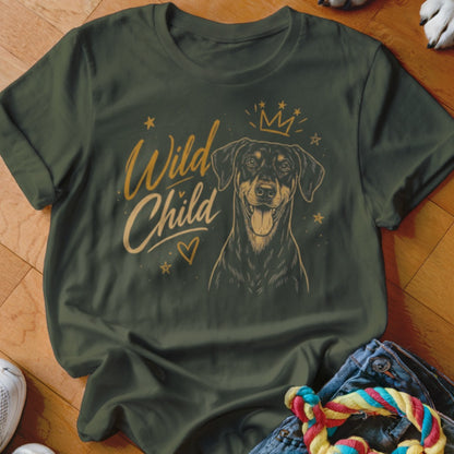 Dark green t-shirt with a dog illustration and text "Wild Child".