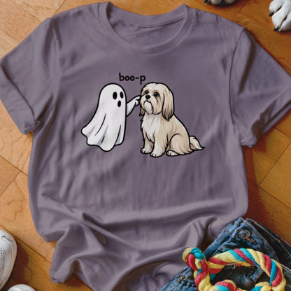 Cartoon ghost boops a light brown dog with "boo-p" text.