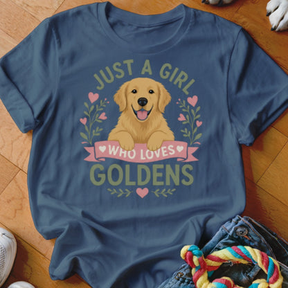 Navy t-shirt with golden retriever and text "Just a girl who loves goldens".
