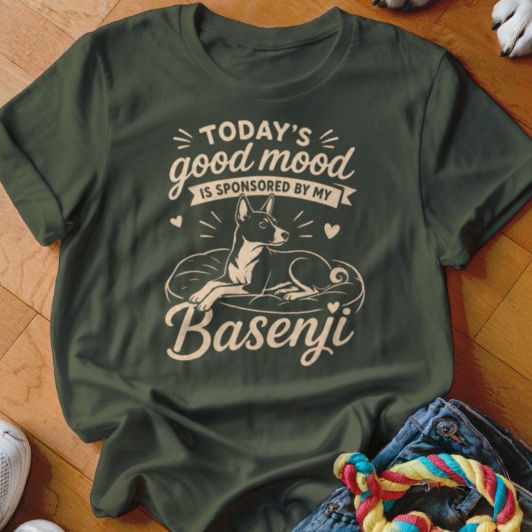 Green t-shirt with "Today's good mood is sponsored by my Basenji" text and dog graphic.