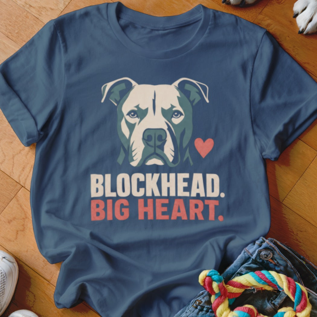 Blue t-shirt with a pit bull illustration and text "BLOCKHEAD. BIG HEART."
