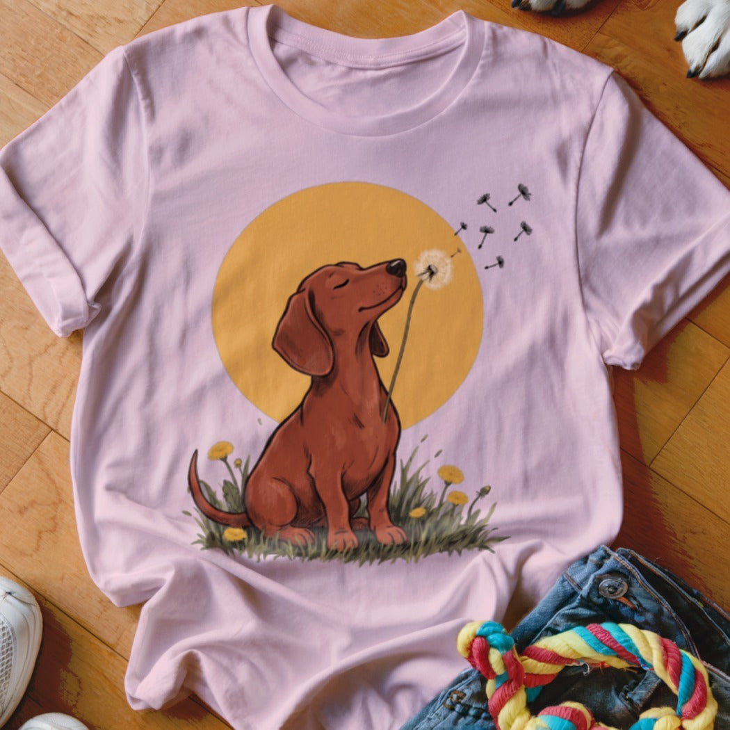 Light pink t-shirt featuring a graphic of a brown dachshund blowing a dandelion against a yellow sun.