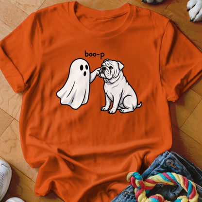Ghost booping a white bulldog on an orange t-shirt with text "boo-p".