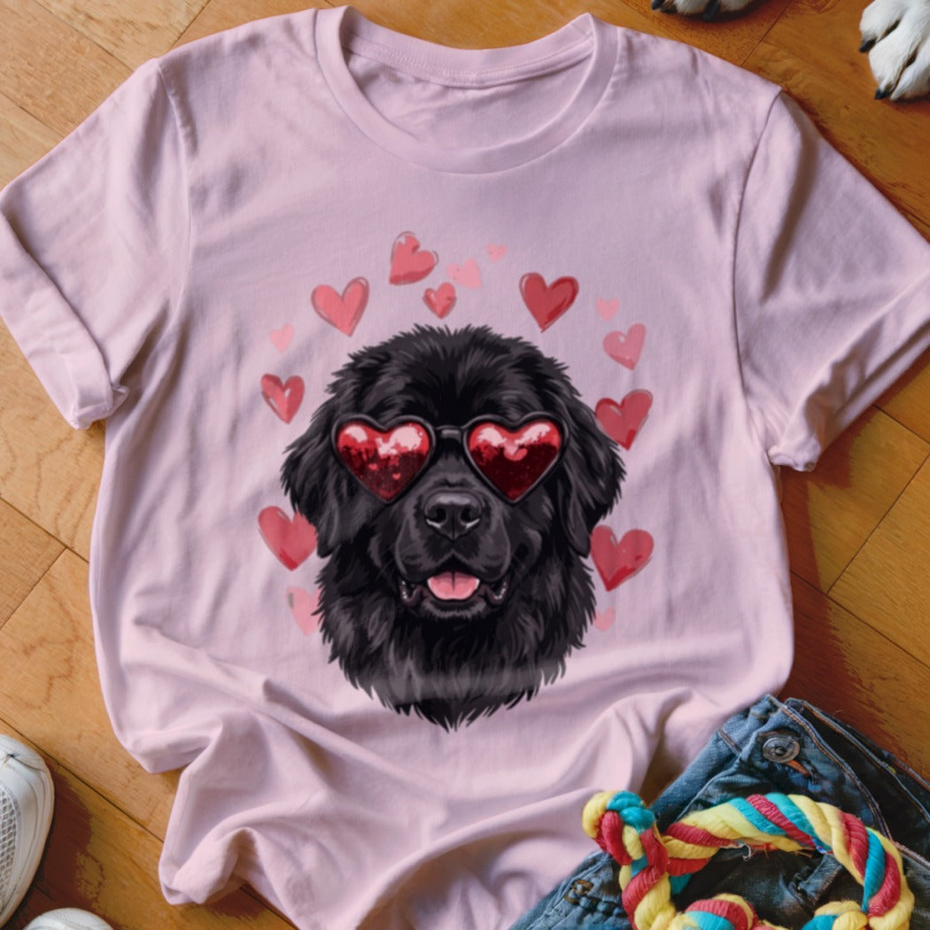 Light pink t-shirt featuring a graphic of a black dog wearing red heart-shaped sunglasses surrounded by floating hearts.