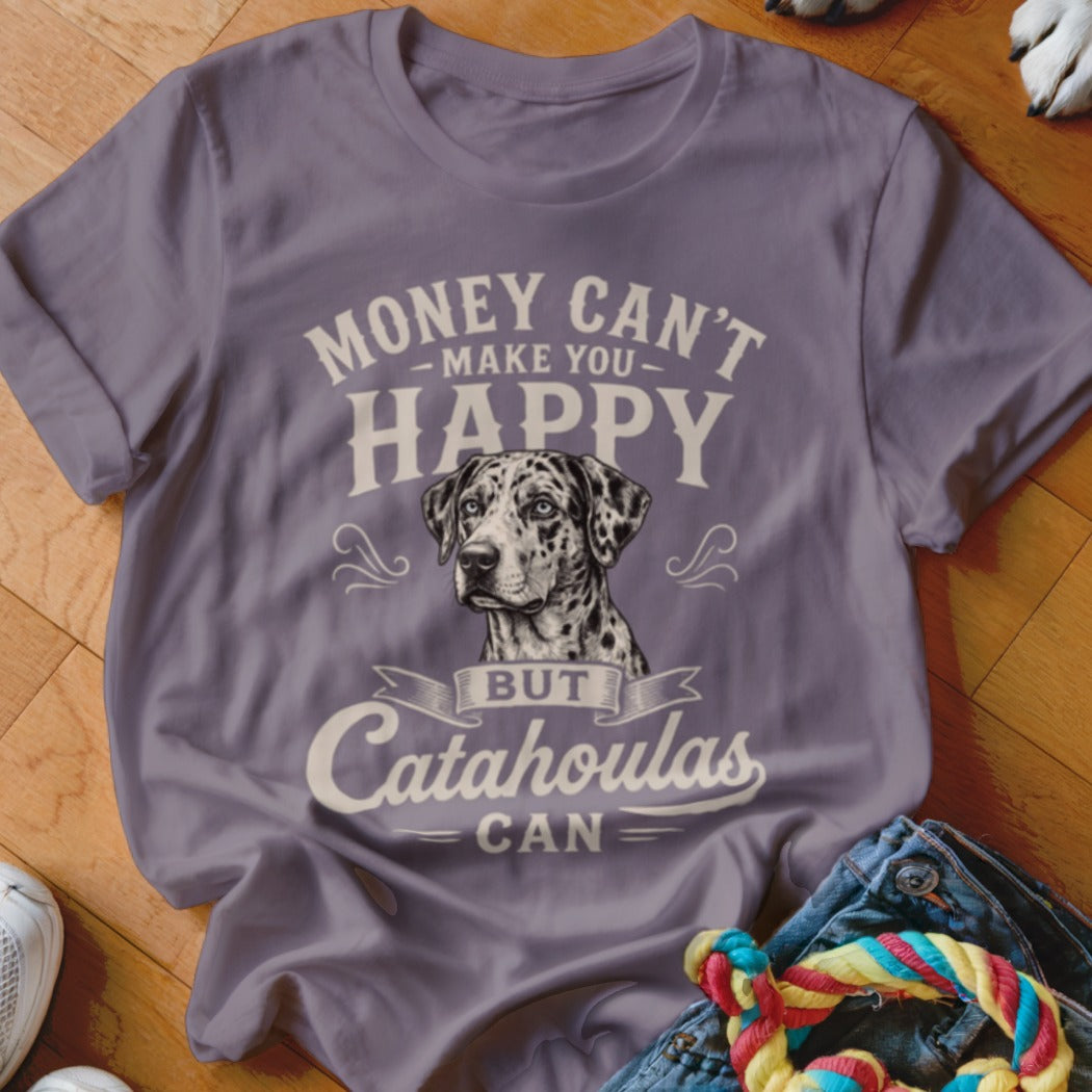 Purple t-shirt with "Money Can't Make You Happy But Catahoulas Can" and dog portrait.