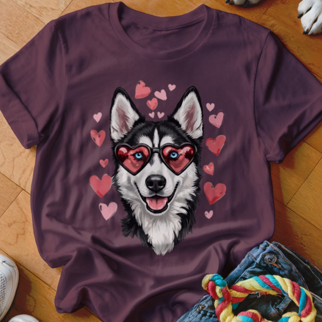 Maroon t-shirt featuring a graphic of a smiling husky wearing heart-shaped sunglasses surrounded by pink hearts.