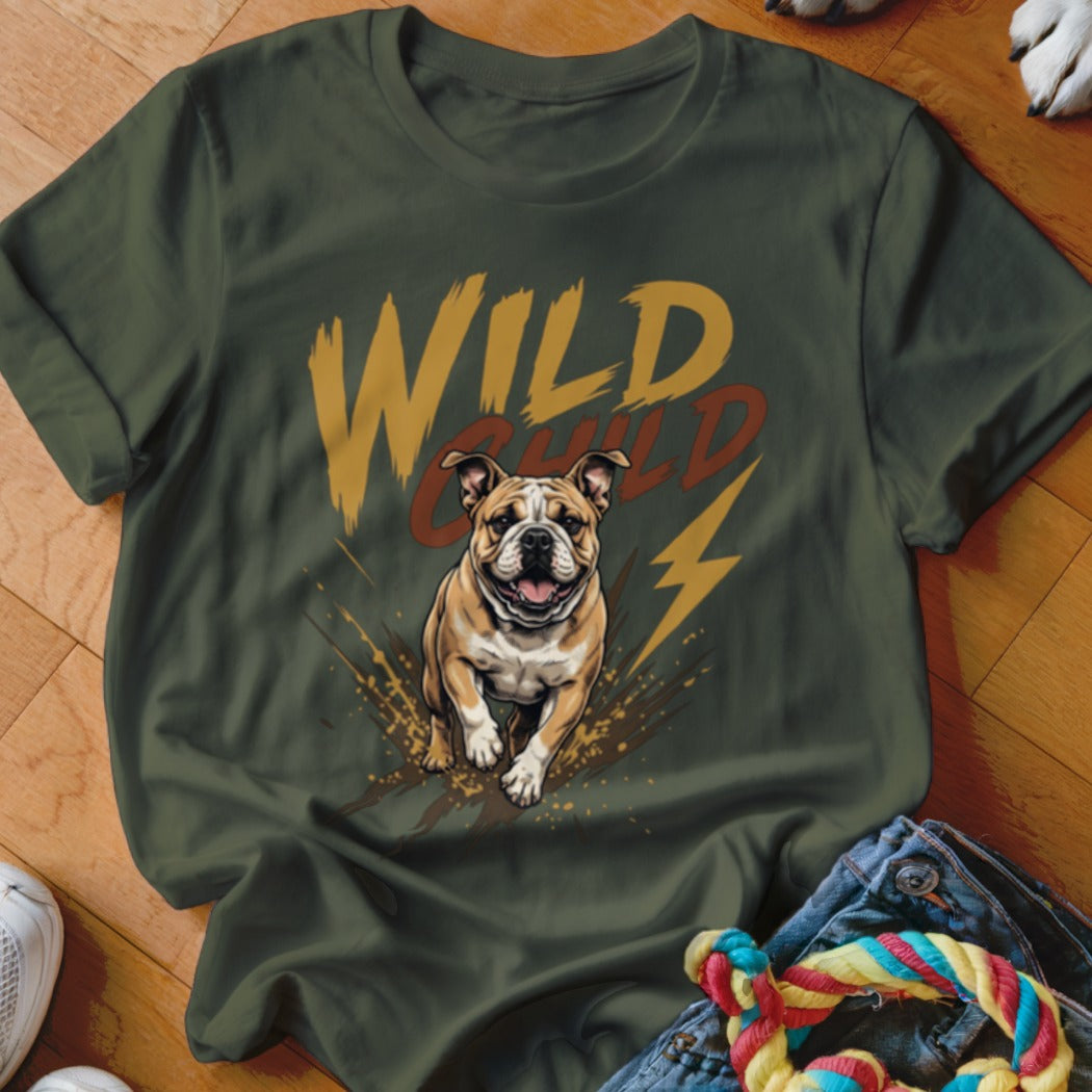 An olive green t-shirt with a graphic of a running bulldog and the text Wild Child.