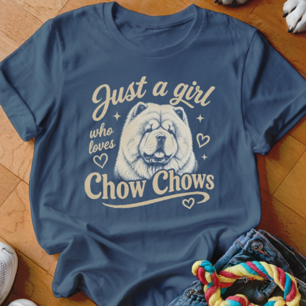 Navy t-shirt with "Just a girl who loves Chow Chows" text and dog illustration.
