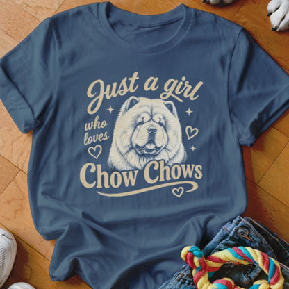 Navy t-shirt with "Just a girl who loves Chow Chows" text and dog illustration.