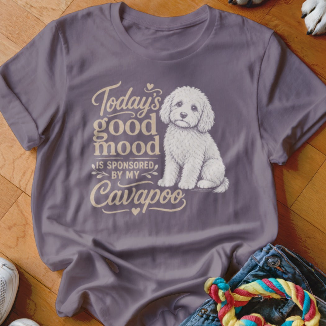 Purple t-shirt with a white Cavapoo dog and text "Today's good mood is sponsored by my Cavapoo."