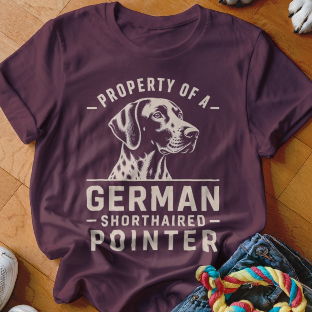 Maroon t-shirt with "Property of a German Shorthaired Pointer" text and dog illustration.