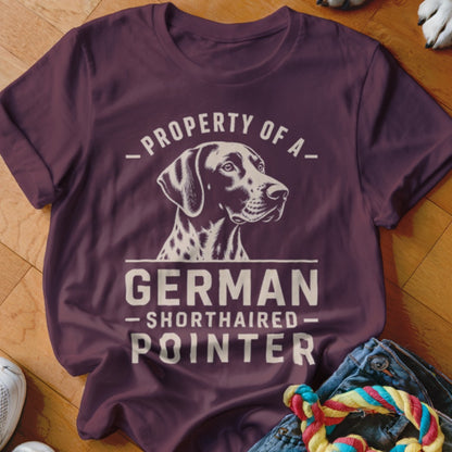 Maroon t-shirt with "Property of a German Shorthaired Pointer" text and dog illustration.