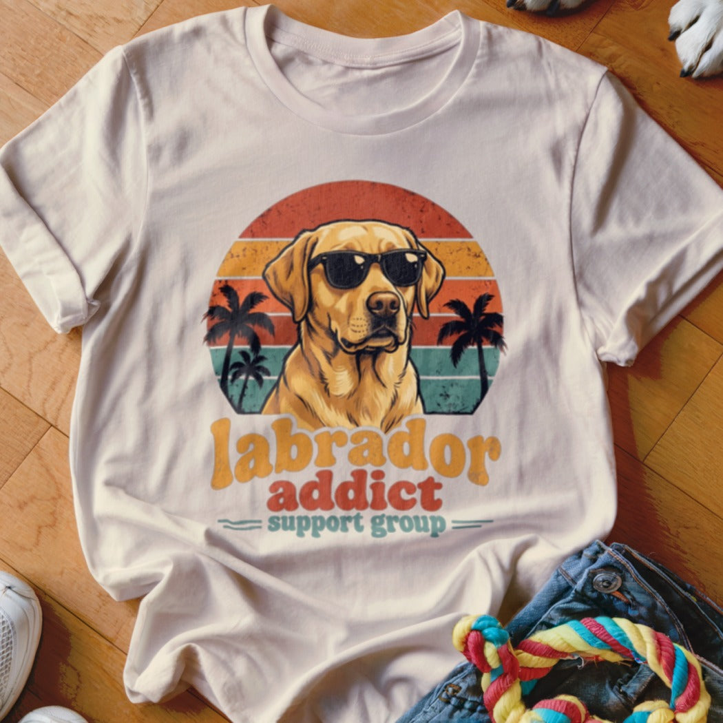 Beige t-shirt featuring a retro graphic of a sunglasses-wearing Labrador against a sunset, with palm trees and text reading Labrador Addict Support Group.