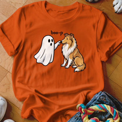 Orange t-shirt with ghost booping dog and text "boo-p"