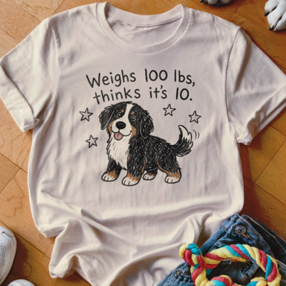 T-shirt with text "Weighs 100 lbs, thinks it's 10" and cartoon dog.