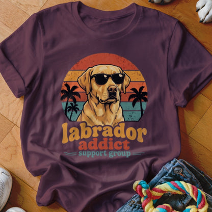 A maroon t-shirt with a vintage graphic of a yellow Labrador in sunglasses, palm trees, and the text Labrador Addict Support Group.