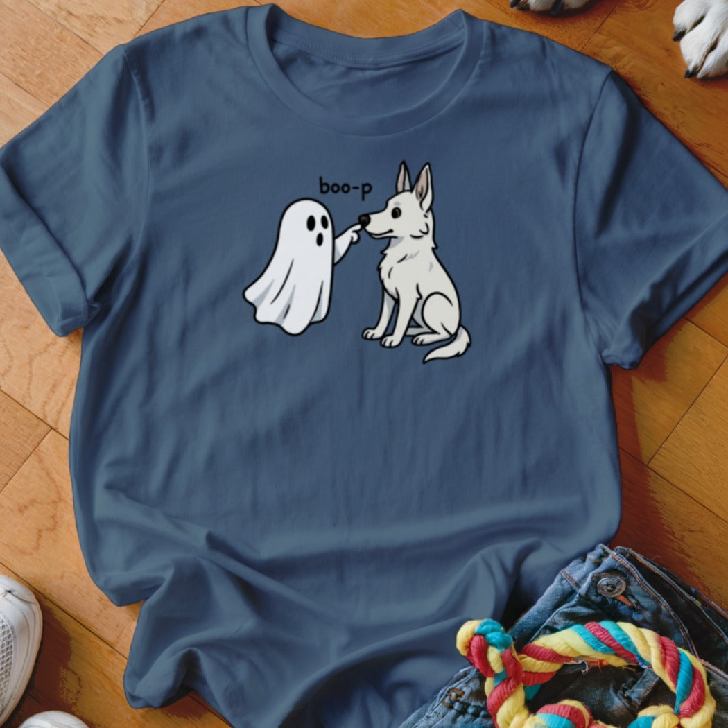 White dog being booped by a ghost with "boo-p" text.