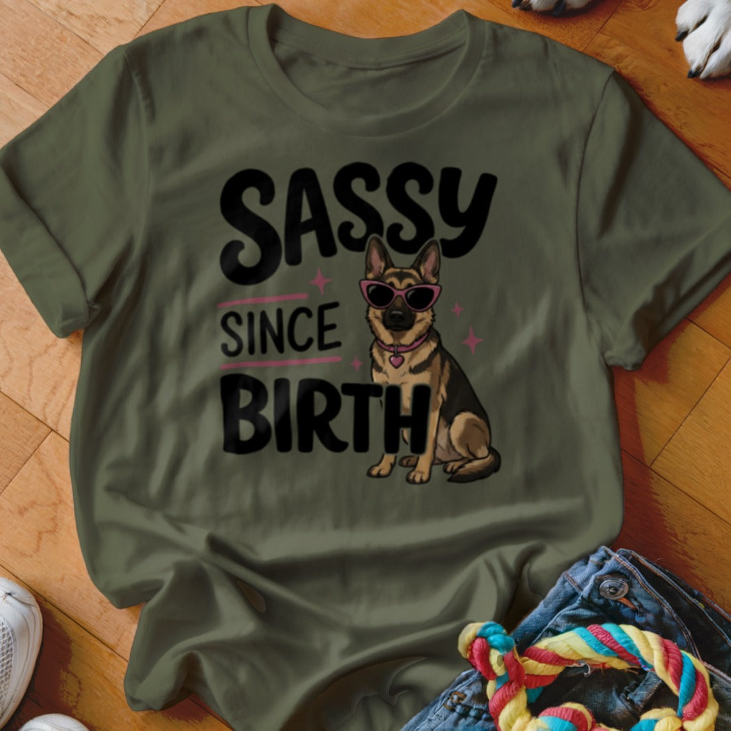 Green t-shirt with a German Shepherd wearing sunglasses and text "SASSY SINCE BIRTH".