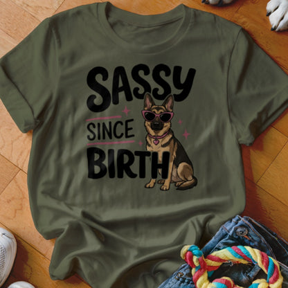 Green t-shirt with a German Shepherd wearing sunglasses and text "SASSY SINCE BIRTH".
