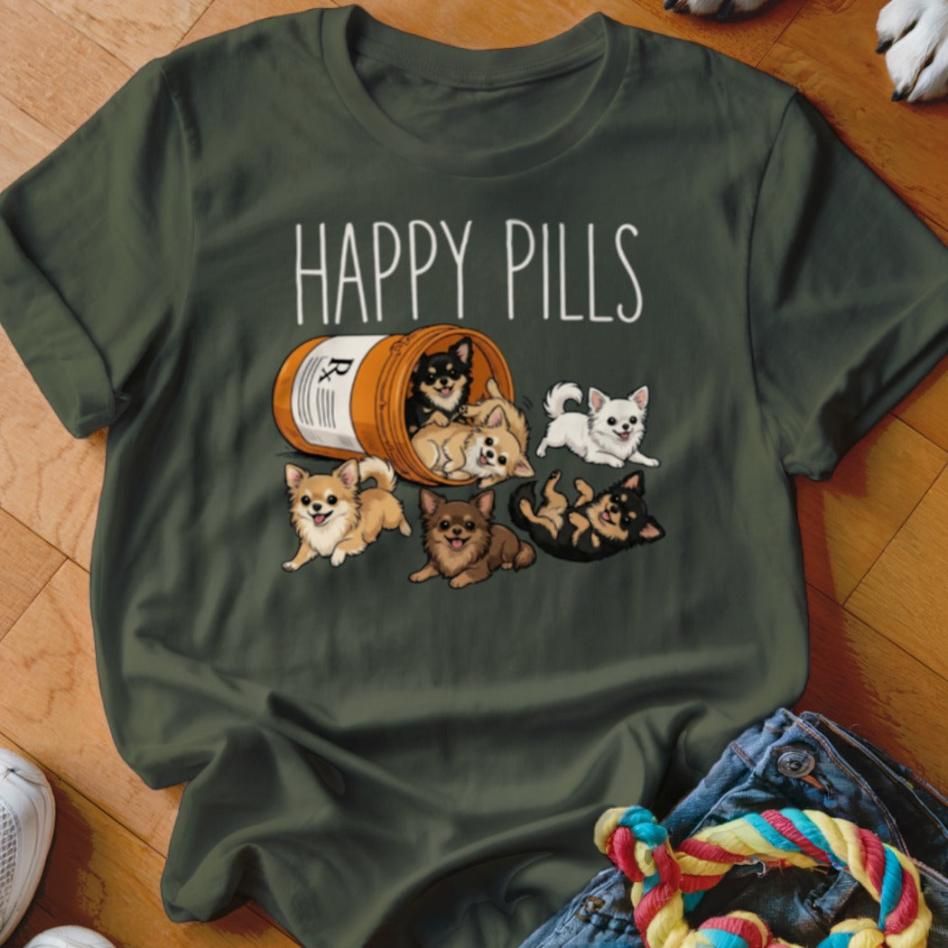 Chihuahua puppies spill from a prescription bottle with the text "HAPPY PILLS."