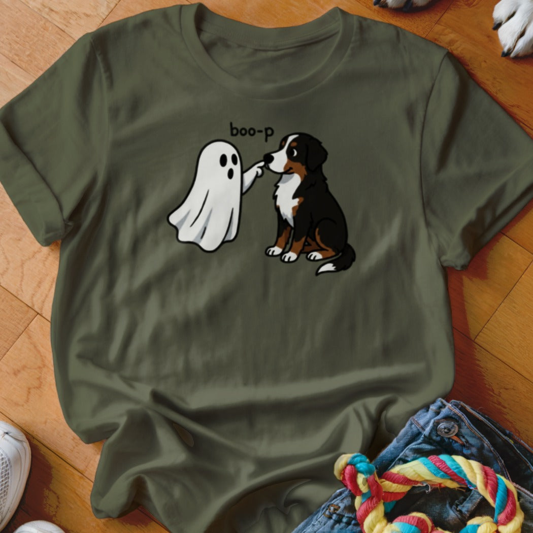Bernese Mountain Dog and ghost graphic with "boo-p" text on olive green t-shirt.