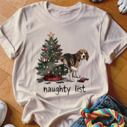 Beagle near Christmas tree with "naughty list" text.