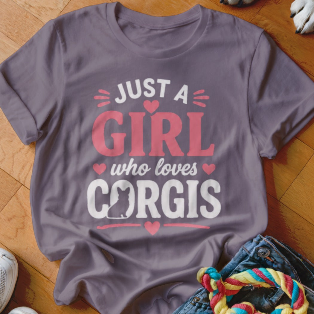 Purple t-shirt with "JUST A GIRL who loves CORGIS" text and a corgi silhouette.