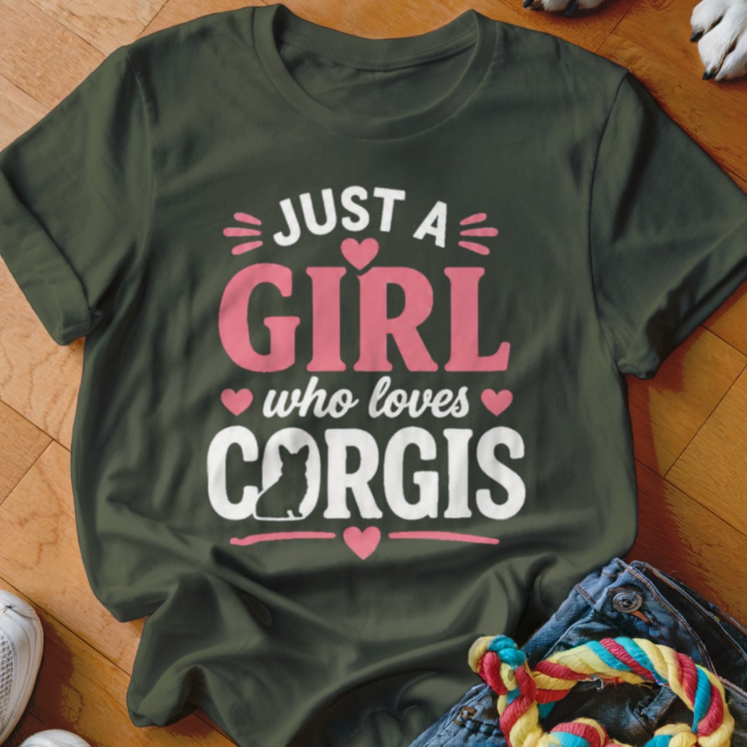 Green t-shirt with text "Just a girl who loves corgis" and corgi silhouette.