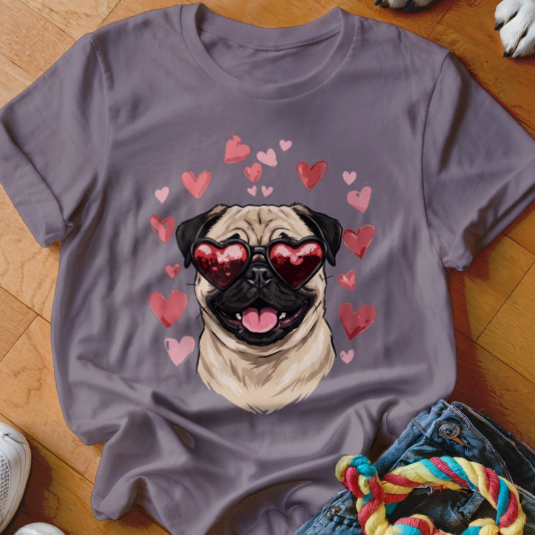 Gray crewneck t-shirt featuring a pug wearing heart-shaped sunglasses, surrounded by pink hearts.